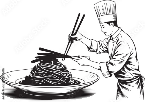 Chef garnishing a plate of noodles with chopsticks