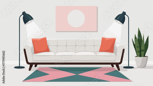 Modern living room with white sofa, floor lamps, and rug