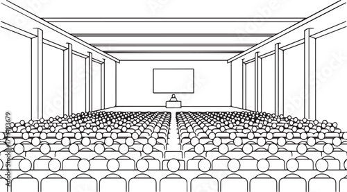 Auditorium with rows of seats and a presentation screen