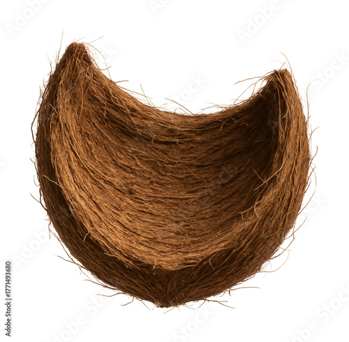 Fibrous brown coconut husk segment with a rough texture.