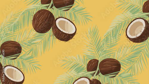 Seamless pattern of coconuts and palm leaves on a yellow background