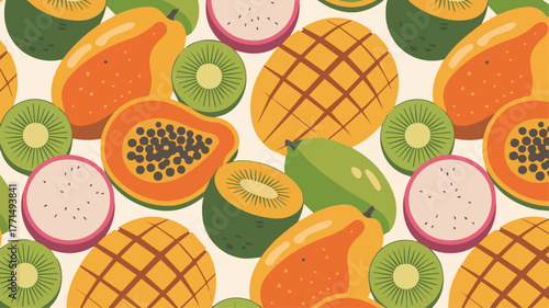 A vibrant and colorful seamless pattern of tropical fruits