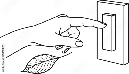 Hand pressing a light switch with a leaf nearby