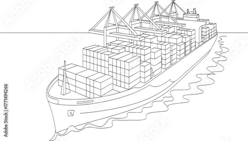 Large cargo ship carrying shipping containers, ocean freight transport line art illustration, global maritime logistics, international trade and export concept design.