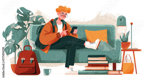 Young Man Relaxing on Couch with Smartphone Surrounded by Books and Coffee in Cozy Living Space