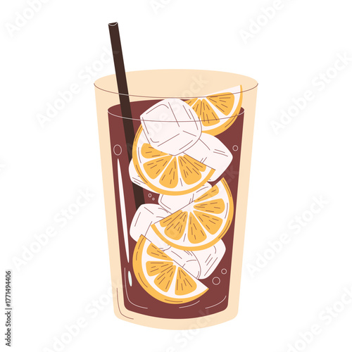 Long Island Iced Tea vector illustration. Hand drawn flat style design of the dark amber cocktail in a highball glass, layered with ice cubes and garnished with bright lemon slices and a straw.