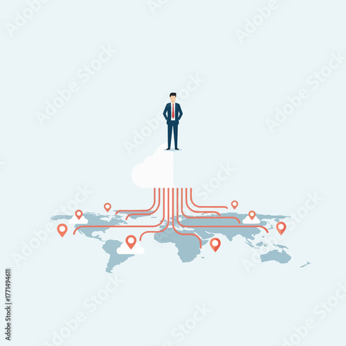 Global business management, cloud computing, and data distribution network. Worldwide connectivity solutions