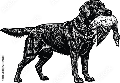 Black retriever dog holding duck detailed hunting animal art design, wildlife pet illustration for outdoor theme, cad drawing flat vector illustration