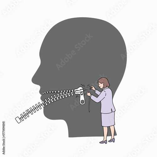 Woman Zips Up Human Head's Mouth Silencing Ideas & Managing Communication