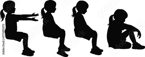 Silhouette of a young girl sitting and moving in different positions, isolated on white background, symbolizing childhood emotion, posture, and mood.