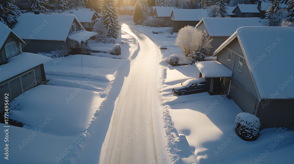 Naklejka premium A blanket of snow covers a peaceful neighborhood. Houses and trees are adorned in white, creating a serene winter scene on a sunny day, glistening road.