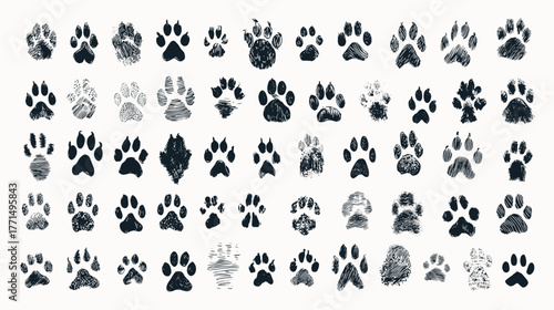 Various Paw Prints and Patterns of Different Animals on a Light Background