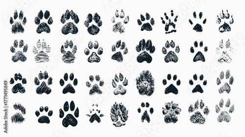 Various Paw Prints and Patterns of Different Animals on a Light Background