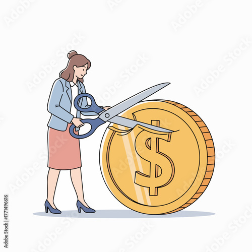 Cutting Costs Businesswoman Using Scissors to Cut a Dollar Coin