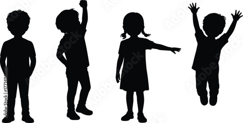 Silhouette of happy children playing, jumping, and posing together, isolated on white background, symbolizing childhood joy, freedom, friendship, and fun.
