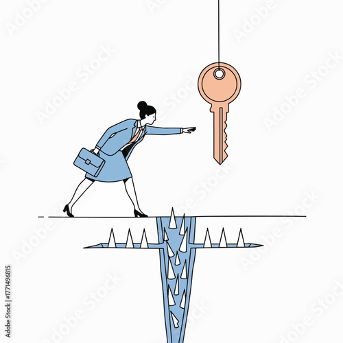 Businesswoman reaching for a key over a dangerous gap