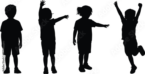 Silhouette of happy children standing, playing, jumping, and raising hands expressing joy, freedom, friendship, childhood innocence, and fun together