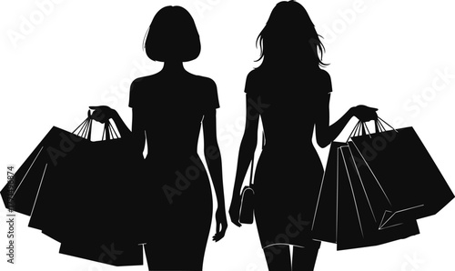 Two silhouetted women carrying shopping bags together enjoying retail therapy silhouette