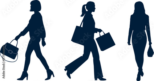 Silhouettes of three fashionable women walking with shopping bags isolated on white silhouette