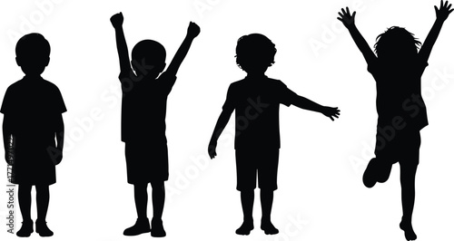 Silhouette of happy children standing, playing, jumping, and raising hands, representing childhood joy, freedom, fun, and active young lifestyle.