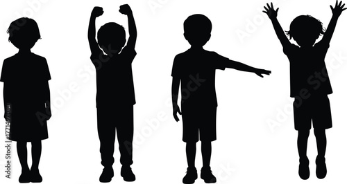 Silhouette of happy children standing, playing, raising hands, expressing joy, freedom, childhood innocence, friendship, creativity, and happiness on white background