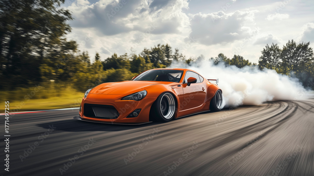Fototapeta premium A vibrant orange sports car drifts on a racetrack, leaving a trail of smoke against a backdrop of green trees and a cloudy sky.
