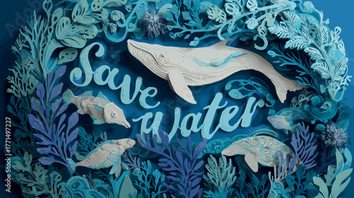 Save Water Eco Illustration Featuring Colorful Marine Life and Coral Reef Elements on Blue