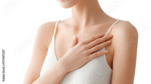 Woman Holding Hand on Chest for Breast Cancer Awareness Support Concept