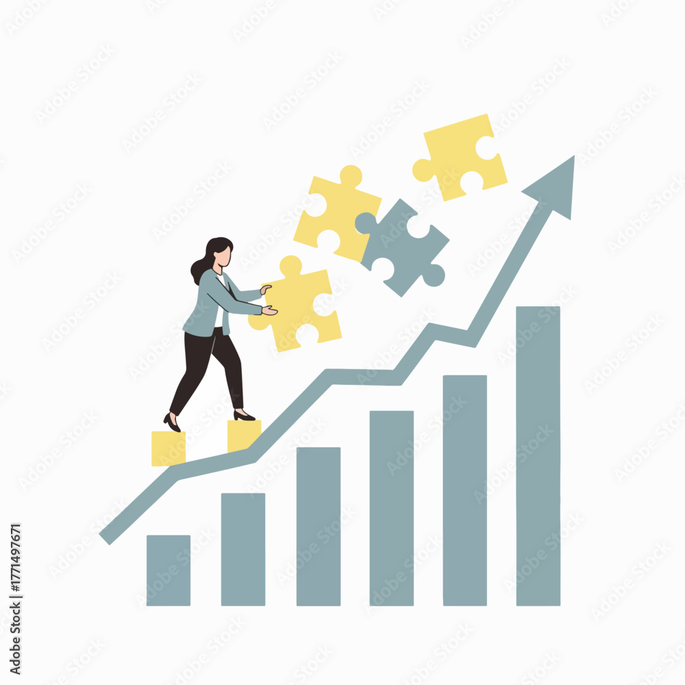 Fototapeta premium Businesswoman Builds Growth Chart with Puzzle Pieces for Success