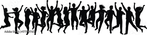 Silhouette of people jumping together in celebration, expressing happiness, freedom, teamwork, friendship, unity, success, motivation, and positive energy outdoors