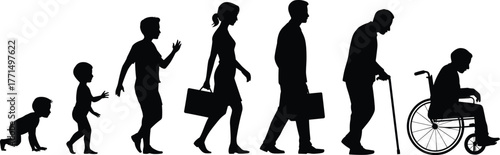 Silhouette of human life stages from baby to old age, showing growth, maturity, and aging process, isolated on white background.