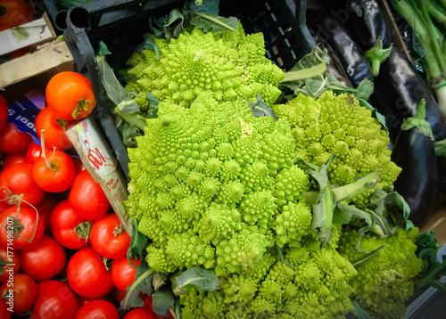 Romanesco broccoli at a vegetable market in Italy