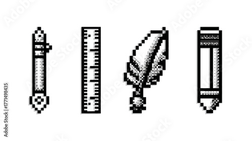 Retro Pixel Art Stationery Icons Set: Classic Pen, Precise Ruler, Vintage Quill, and Simple Pencil for Creative Design & Education