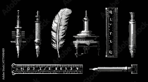 Vintage Scientific and Writing Tools Set. Engraved Black and White Collection of Antique Medical Instruments, Quill, and Measuring Devices.