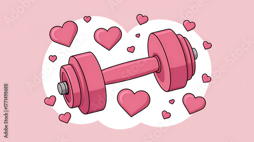 Pink Dumbbell with Floating Hearts – Fun Fitness and Love Concept for Valentine Workout Motivation and Healthy Lifestyle Design