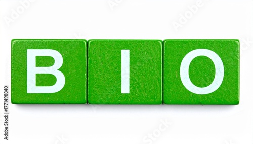 BIO Text on Green Wooden Letter Tiles isolated on a White background, symbolizing biological products and biology concepts