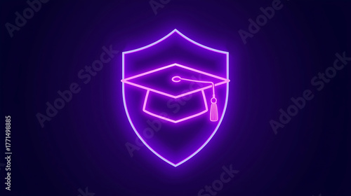 Futuristic Education Concept – Neon Cap and Cyber Shield Representing Safe Digital Learning, Academic Achievement and Virtual Knowledge Protection