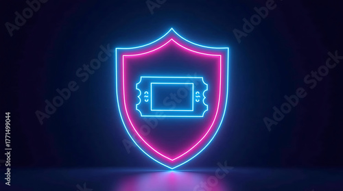 Neon Shield with Glowing Holographic Ticket – Futuristic Concept Representing Safe Online Booking, Event Access, Blue and Magenta Glow, Copy Space