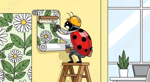 Animated image of a ladybug construction worker applying flowered wallpaper to a wall, standing on a step ladder