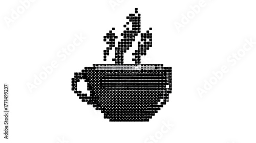 Retro pixel art steaming hot beverage cup icon, digital graphic illustration in classic 8-bit black and white style.