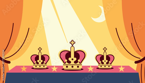 Intricately designed crowns on table in dawn light, Día de los Reyes