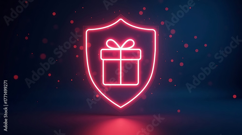 Digital Security Concept – Glowing Neon Gift Box Surrounded by Futuristic Shield, Representing Safe Online Transactions and Celebration