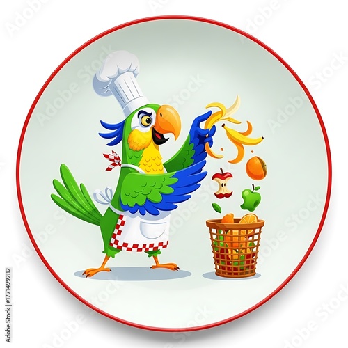 Animated image of a parrot chef sorting food scraps into a compost bin, with a red-rimmed plate