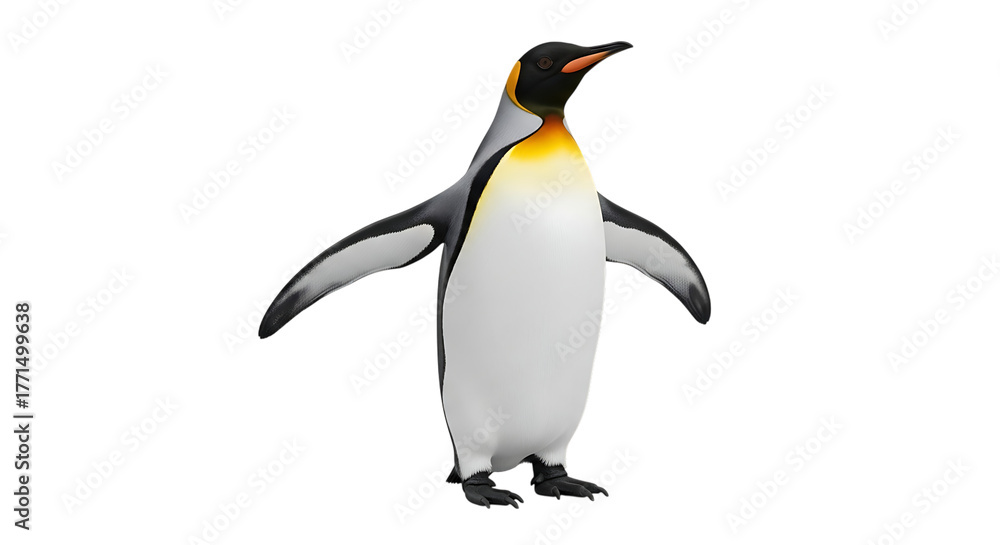 Fototapeta premium King Penguin with outstretched wings and orange beak, isolated on a white or transparent background, cutout, PNG
