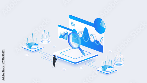 Isometric stock market data analysis with magnifying glass, business financial analytics dashboard, and stock market research concept in blue digital style