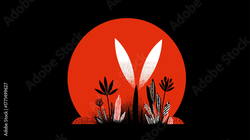 Abstract illustration of stylized white plant silhouettes and organic forms in front of a vibrant red circle on a black background.