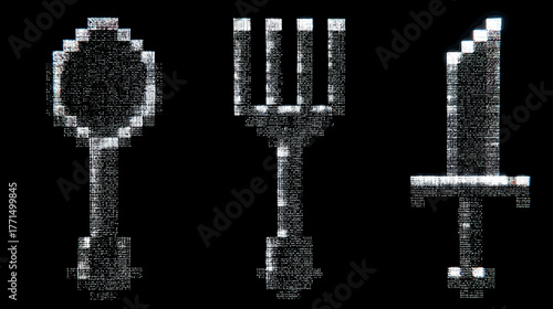 Pixelated retro 8-bit style kitchen cutlery icons, spoon, fork, and knife, on a dark background, digital art