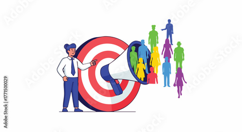 A businessman uses a megaphone emerging from a target to attract a diverse crowd of people, illustrating a marketing concept.