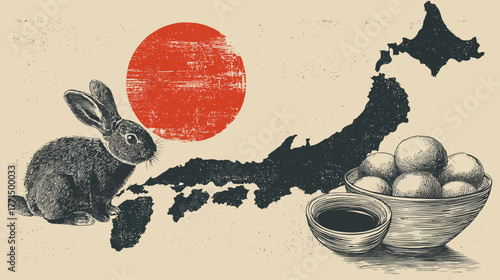 Vintage style illustration with rabbit, stylized map of Japan, red sun, and traditional sweet rice dumplings, depicting Asian culture