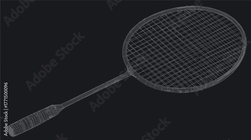 Wireframe badminton racket on dark background, digital outline graphic of sports equipment, minimalist vector illustration for games and fitness.